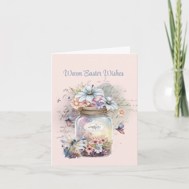 Warm Easter Wishes Jar of Flowers Butterflies Card (Front)