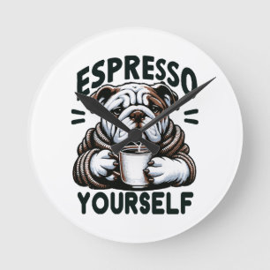 Warm Espresso Bulldog - Cosy Coffee Round Clock