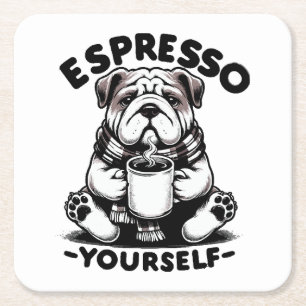 Warm Espresso Bulldog Square Paper Coaster