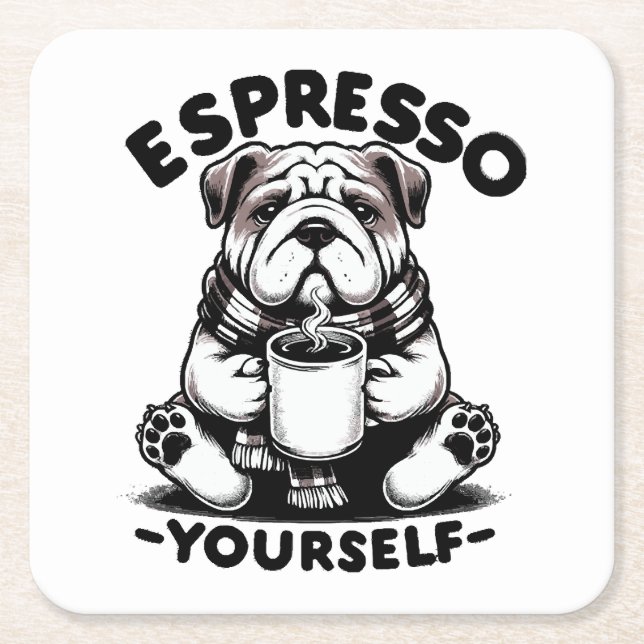 Warm Espresso Bulldog Square Paper Coaster (Front)