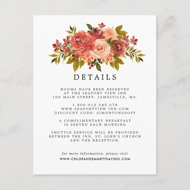 Warm Fall Colours Floral Wedding Guest Details Enclosure Card (Front)