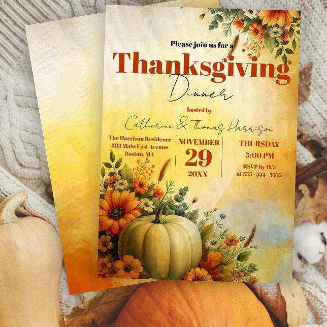 Warm Fall Foliage Pumpkin Flowers Thanksgiving Invitation (Creator Uploaded)