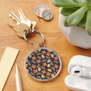 Warm Falling Autumn Leaves with Flowers Key Ring