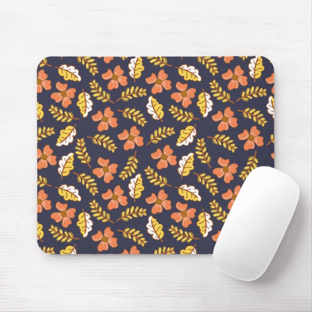 Warm Falling Autumn Leaves with Flowers Mouse Mat (With Mouse)