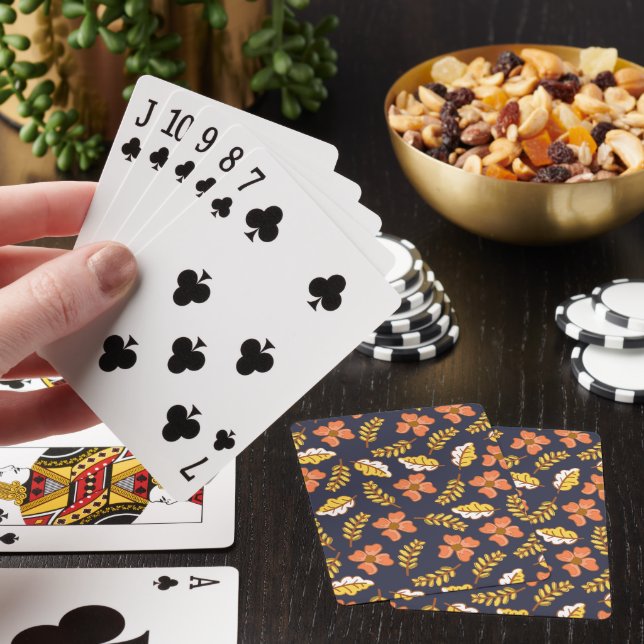 Warm Falling Autumn Leaves with Flowers Playing Cards (In Situ)
