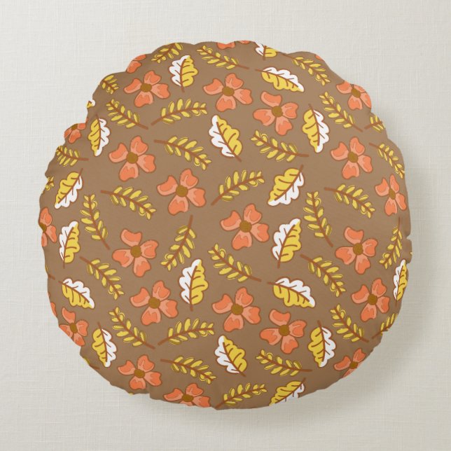 Warm Falling Autumn Leaves with Flowers Round Cushion (Front)