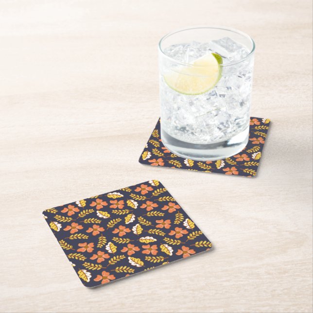 Warm Falling Autumn Leaves with Flowers Square Paper Coaster (Insitu)