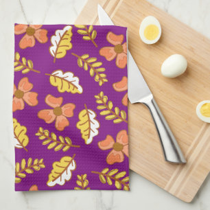 Warm Falling Autumn Leaves with Flowers Tea Towel