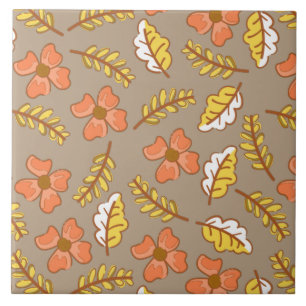 Warm Falling Autumn Leaves with Flowers Tile