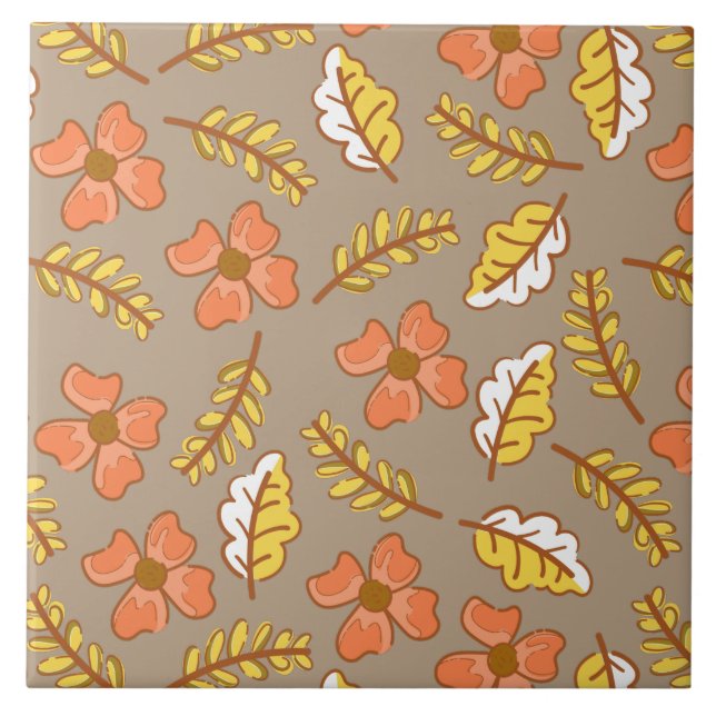 Warm Falling Autumn Leaves with Flowers Tile (Front)