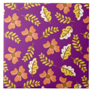 Warm Falling Autumn Leaves with Flowers Tile