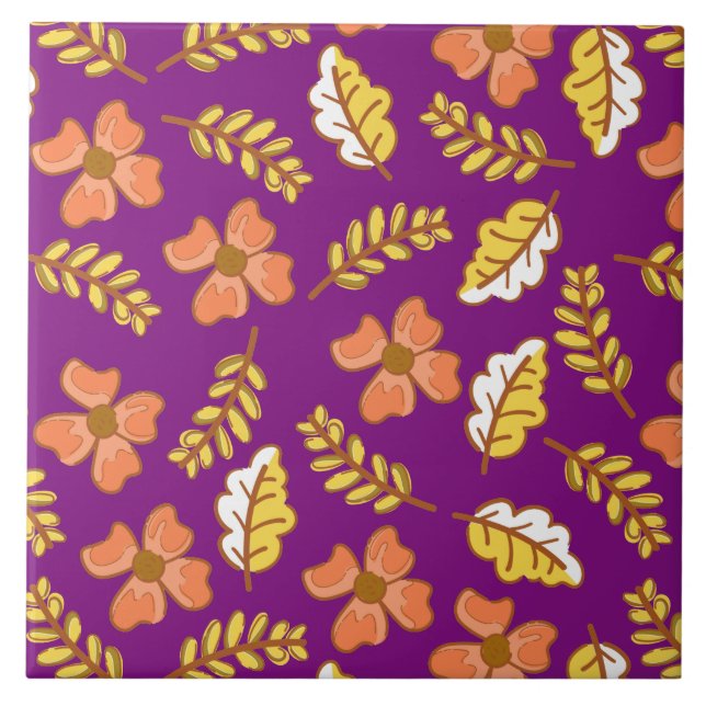 Warm Falling Autumn Leaves with Flowers Tile (Front)