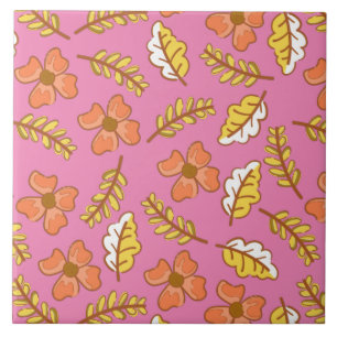 Warm Falling Autumn Leaves with Flowers Tile