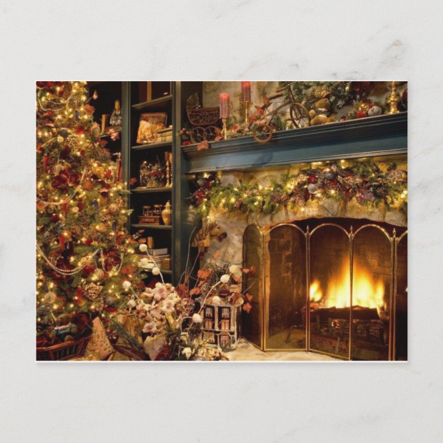 Warm Fireplace By The Christmas Tree Holiday Postcard (Front)