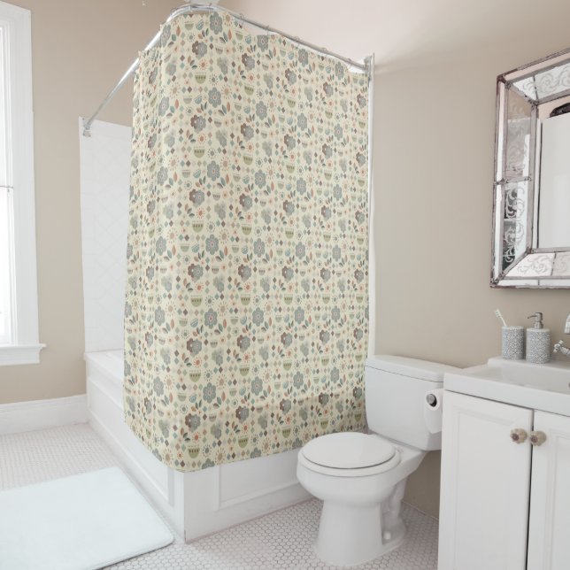 Warm Flowers Nature Mid Century Modern Pattern Shower Curtain (In Situ)