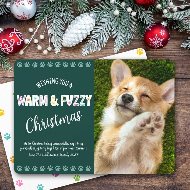 Warm Fuzzy Pet Christmas Photo Typography Green Holiday Card (Creator Uploaded)