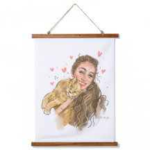 Warm Girl & Cat Illustration Wood - Topped Wall Ta