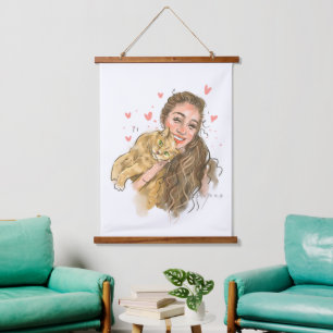 Warm Girl & Cat Illustration Wood - Topped Wall Ta Hanging Tapestry
