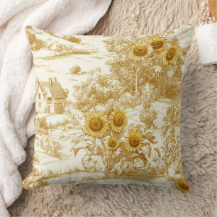 Warm Gold Farmhouse Sunflower Toile Pattern Cushion