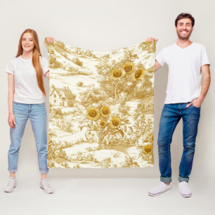 Warm Gold Farmhouse Sunflower Toile Pattern Fleece Blanket