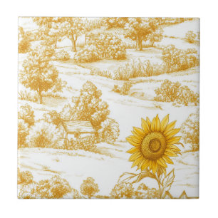 Warm Gold Farmhouse Sunflower Toile Pattern Tile