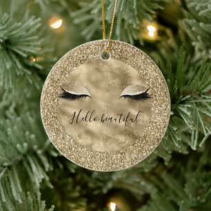 Warm Gold Glam Glitter Glitz Eyelashes Ceramic Tree Decoration