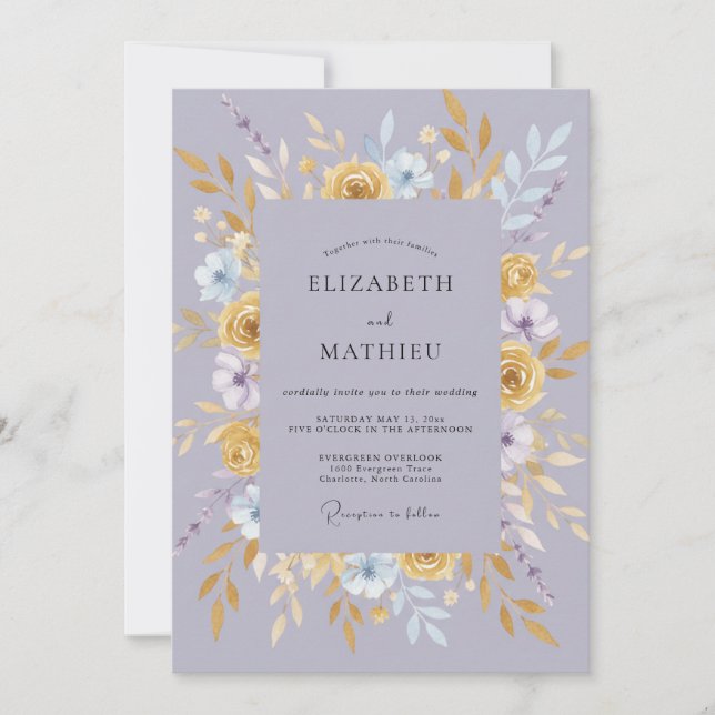 Warm Gold Periwinkle Leafy Wedding Invitation (Front)