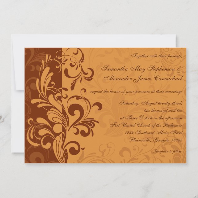 Warm Golden Autumn Swirl Wedding Invitations (Front)