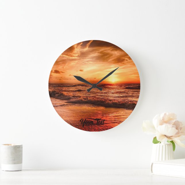Warm Golden Orange Sunset Over Ocean Large Clock (Home)