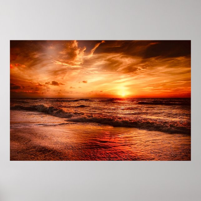 Warm Golden Orange Sunset Over Ocean  Poster (Front)