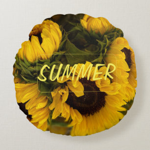 Warm Golden Sunflower Custom Round Cushion