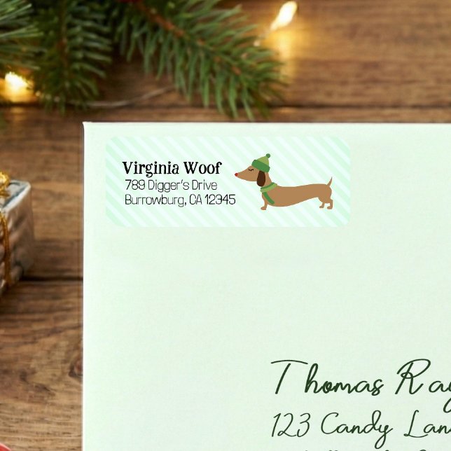 Warm Green Doxie Christmas Card Address Labels  (Wiener dog winter Christmas card return address labels)
