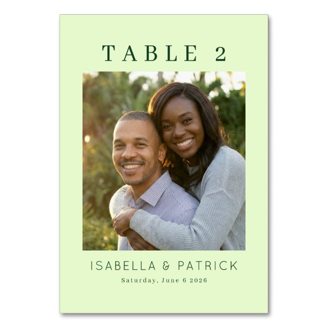 Warm Green Minimalist Photo Table Number (Front)
