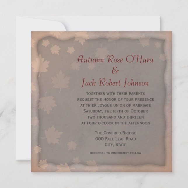 Warm Grey Brown Autumn Leaf Wedding Invitations (Front)