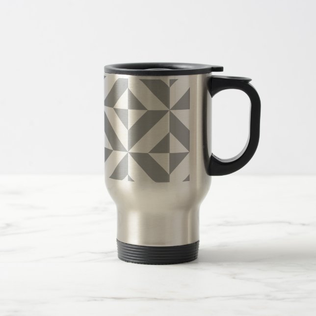 Warm Grey Geometric Deco Cube Pattern Travel Mug (Right)