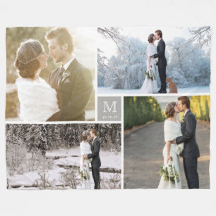 Warm Grey Modern Monogram 4 Photo Collage Wedding Fleece Blanket