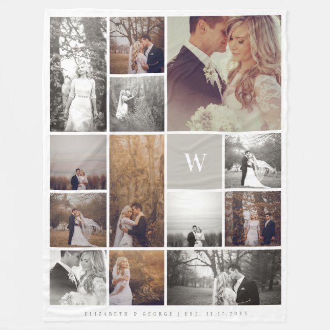 Warm Grey Modern Monogram Minimalist Photo Collage Fleece Blanket (Front)