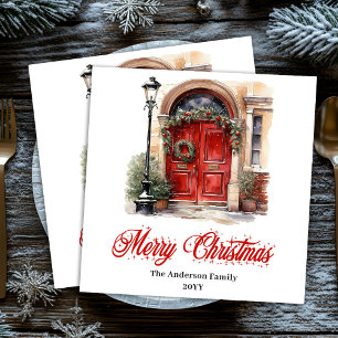 Warm holiday scene napkin watercolor red door