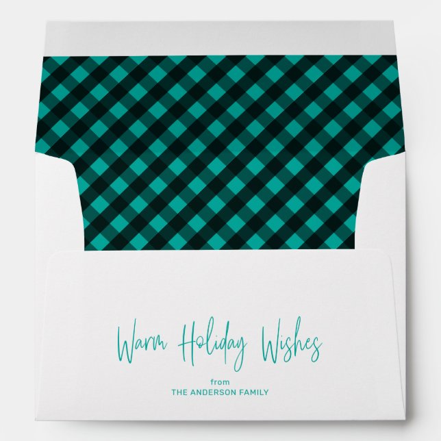 Warm Holiday Wishes 5x7 Teal Buffalo Plaid Envelope (Back (Bottom))