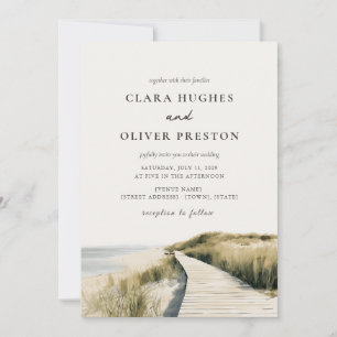 Warm Ivory Sand Ocean Script Cape Cod Wedding Invitation