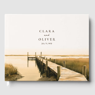 Warm Ivory Sepia Serif Lowcountry Marsh Wedding Guest Book