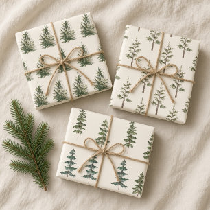 Warm Ivory Watercolor Christmas Pine Trees Wrapping Paper Sheet