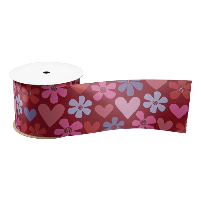 Warm Jewel Tone Hearts and Flowers Pattern Satin Ribbon (Spool)
