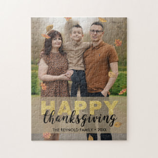 Warm Leaves Gold Script Happy Thanksgiving | Photo Jigsaw Puzzle