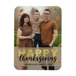 Warm Leaves Gold Script Happy Thanksgiving Photo Magnet