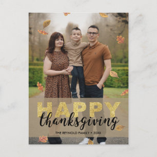 Warm Leaves Gold Script Happy Thanksgiving Photo Postcard