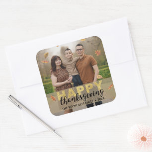 Warm Leaves Gold Script Happy Thanksgiving   Photo Square Sticker