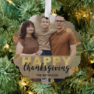Warm Leaves Gold Script Happy Thanksgiving | Photo Tree Decoration Card