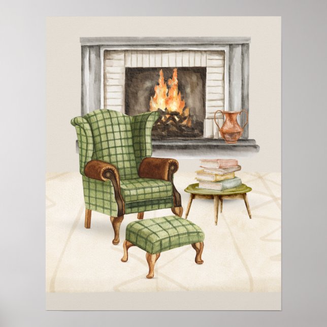 Warm Living Room Scene with Green Chair Poster (Front)