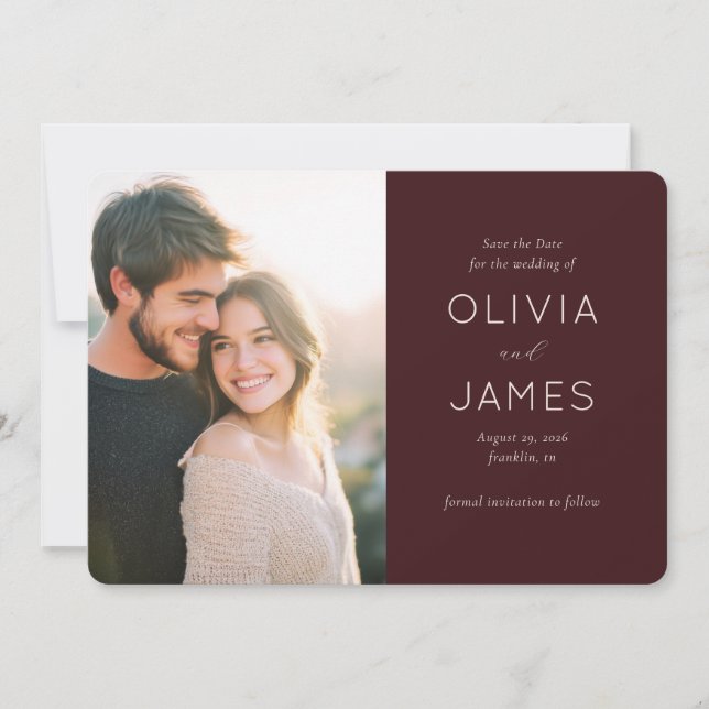 Warm Maroon Elegant Photo Save The Date (Front)